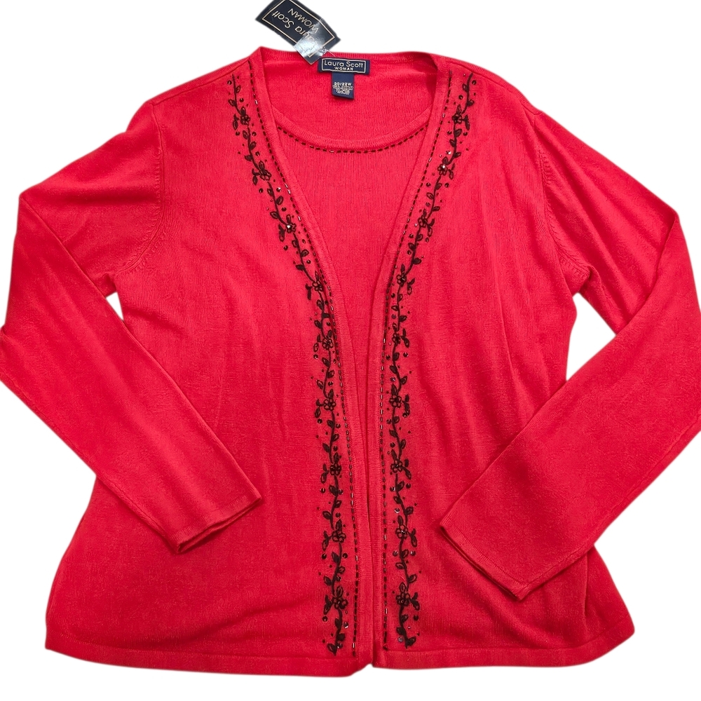 Women's Laura Scott Red Christmas Top Plus Size 20 22W 2X Black Sequins Beads
